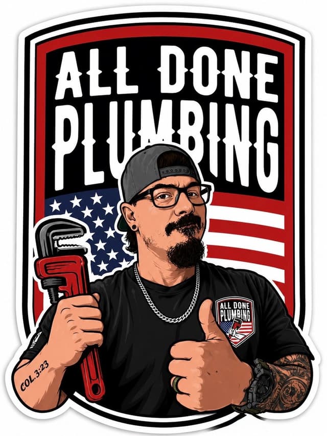 Illustrated portrait of John Horn, owner of All Done Plumbing, holding a pipe wrench